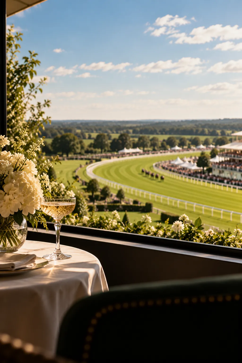 Champagne on a private table overlooking a green racecourse on a summer afternoon