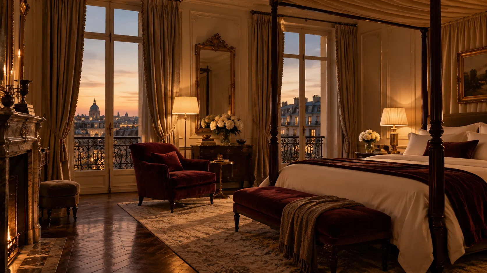 A grand Parisian bedroom at sunset with a canopy bed, velvet armchair and balcony views over the rooftops
